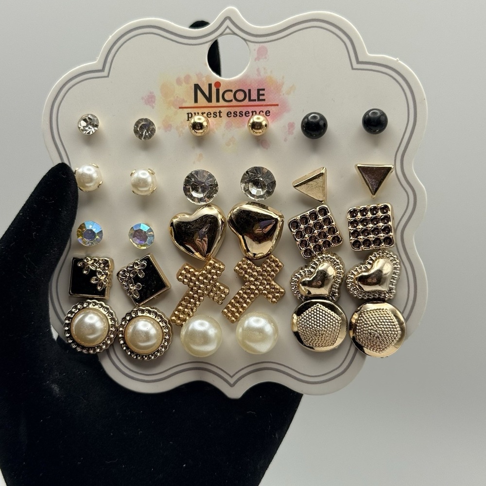 Nicole Mixed Stud Earrings Set Gold Tone Pearl Rhinestone Heart Geometric